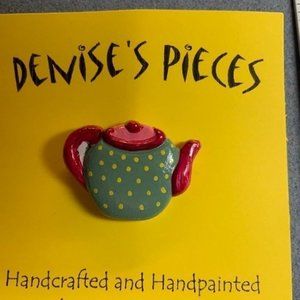 Tea Pot Pin Brooch Green Red Pink Yellow Dot Plaster Handmade Hand Painted